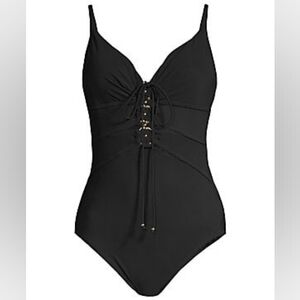Gottex Black Desire Gold Beaded Lace Up One Piece Swimsuit Size 14